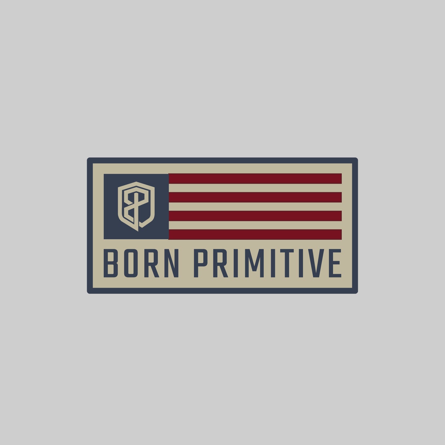 Flag design patch with 'Born Primitive' text and logo on a gray background