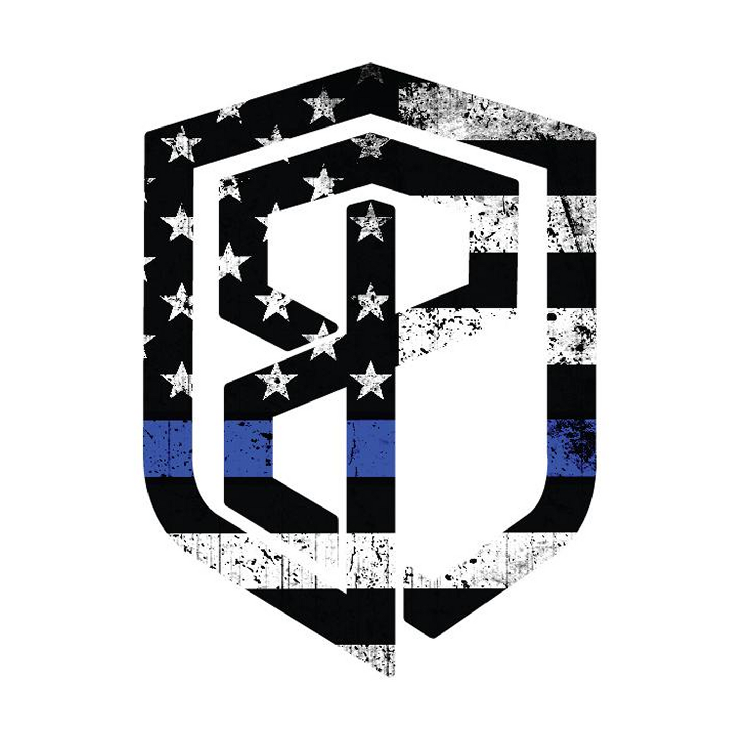 Shield-shaped logo with stars and a blue stripe on a white background