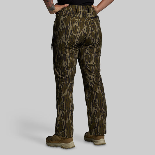 Camouflage pants worn by a person on a gray background