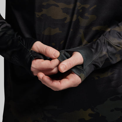 Close-up of long sleeve camouflage shirt with thumbholes