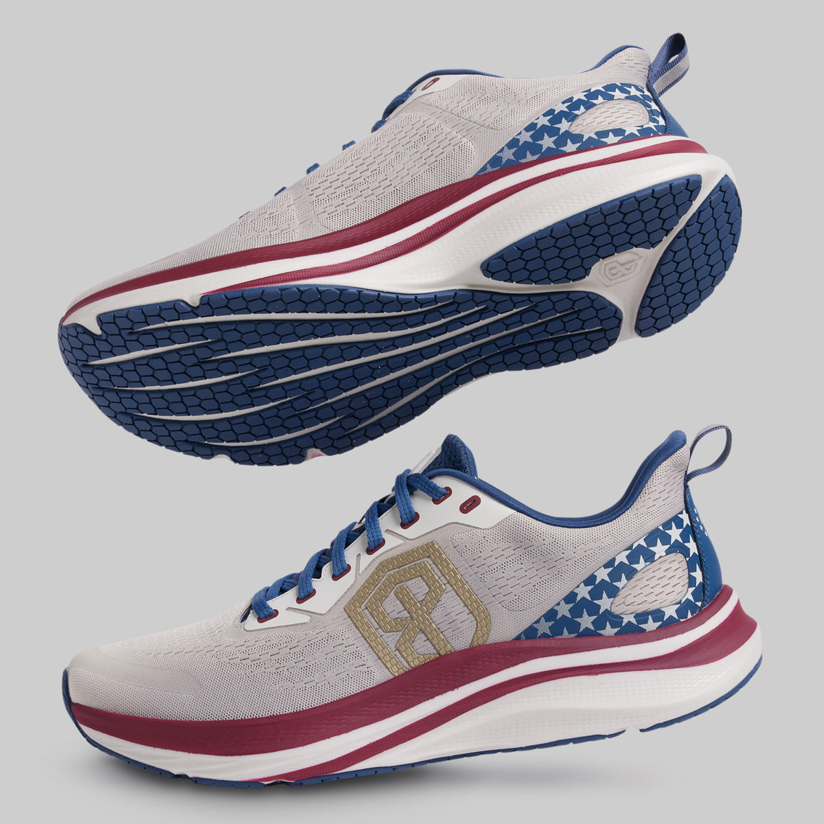 White running shoe with blue, red, and gold accents on a gray background