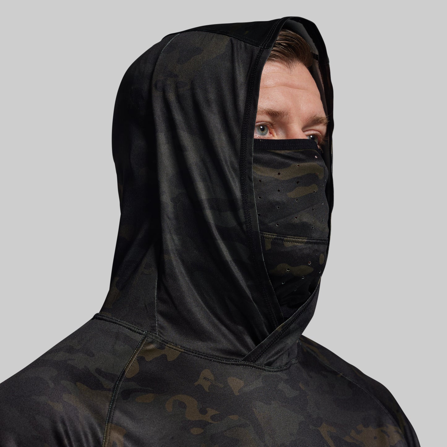 Person wearing a black hooded sun shirt with camouflage pattern and face mask on a gray background