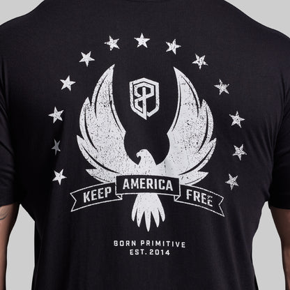 Black t-shirt with white graphic design featuring an eagle and stars on a gray background