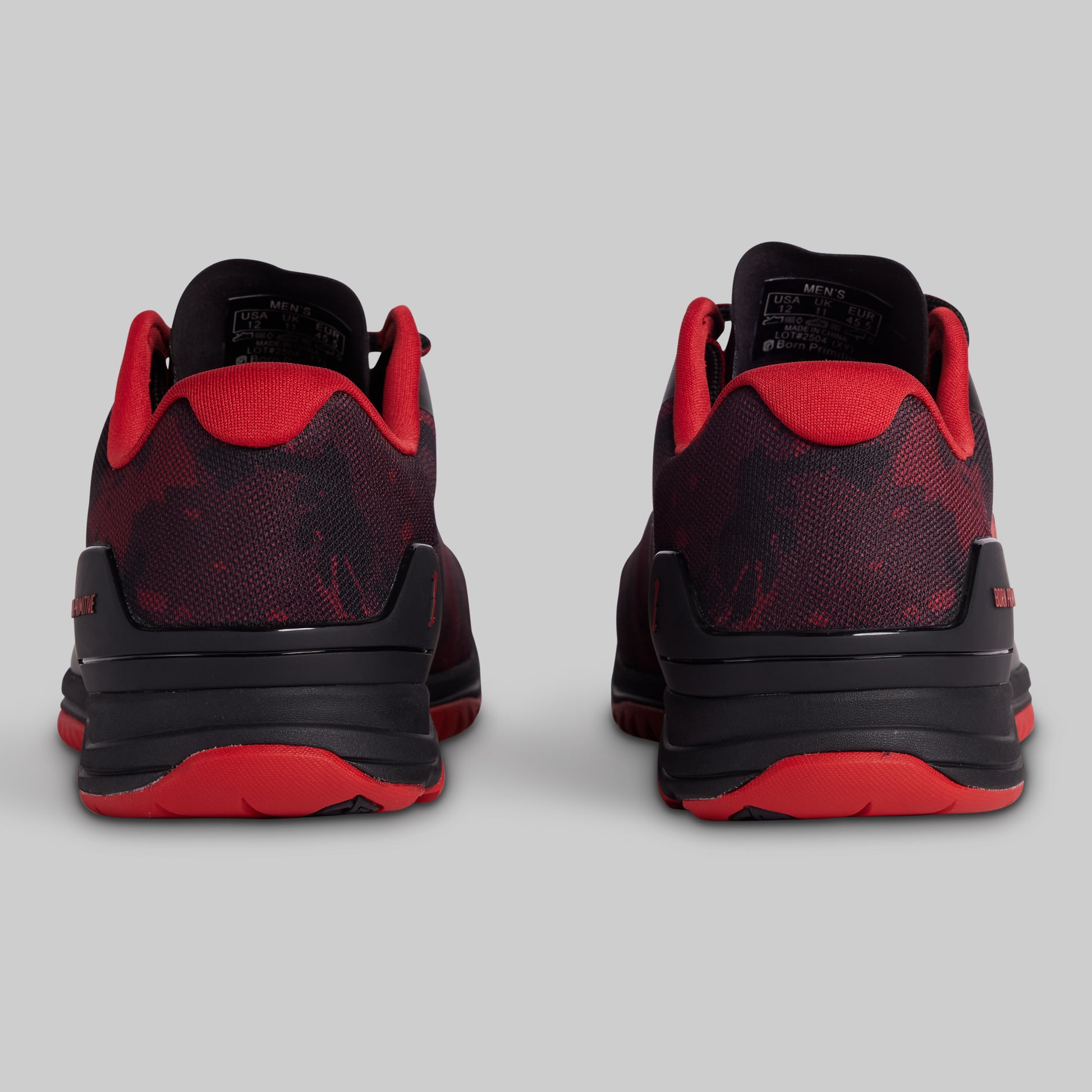 Black and red sneakers on a gray background