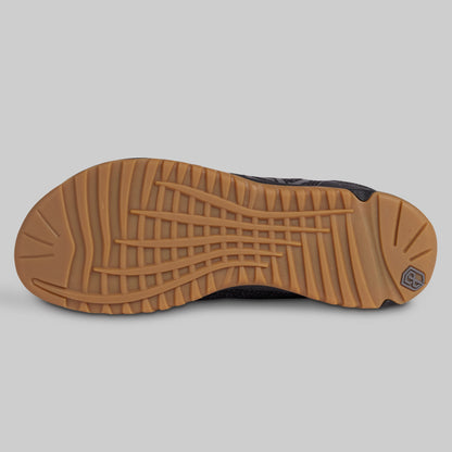 Close-up of a brown shoe sole on a gray background