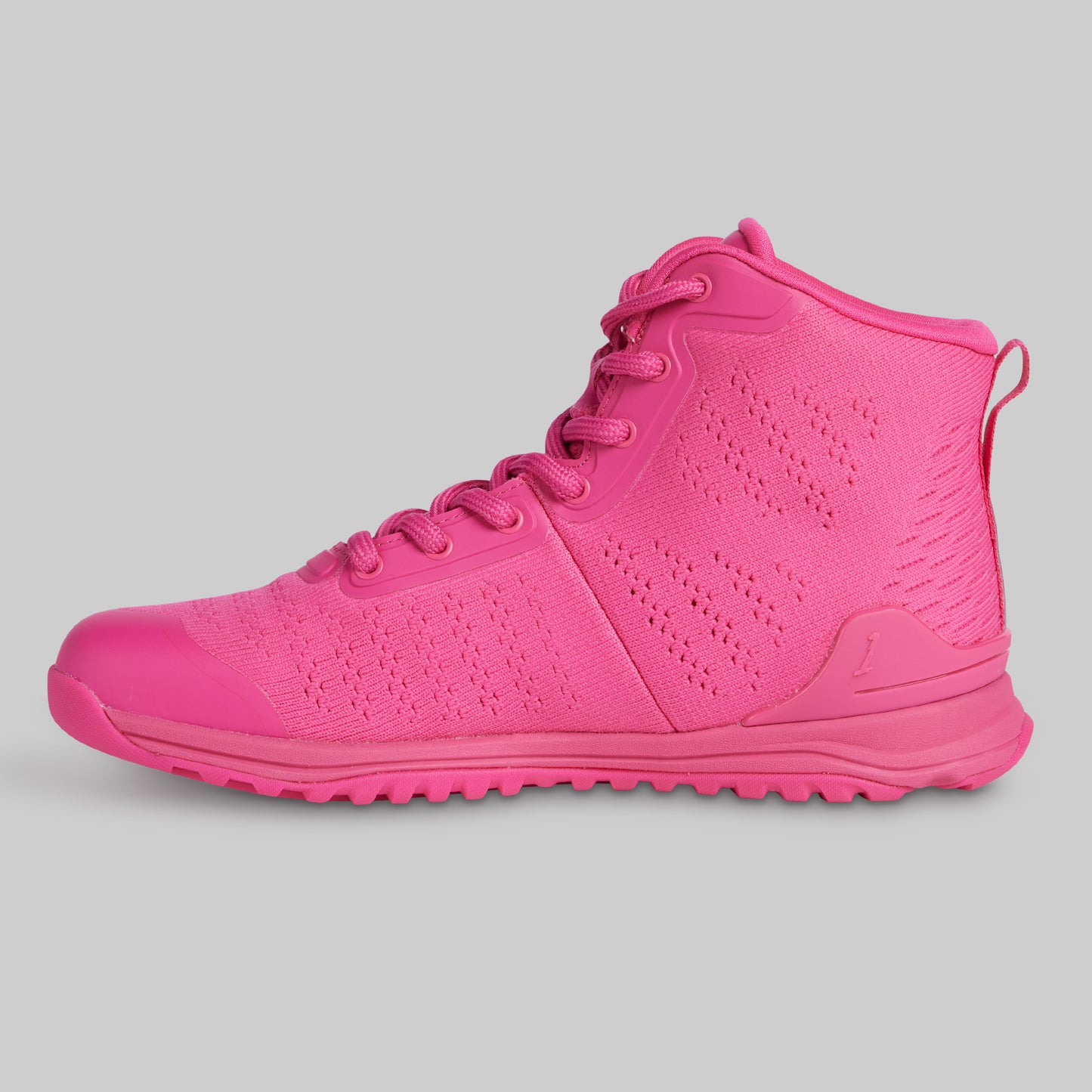 Pink high-top sneaker on a gray background