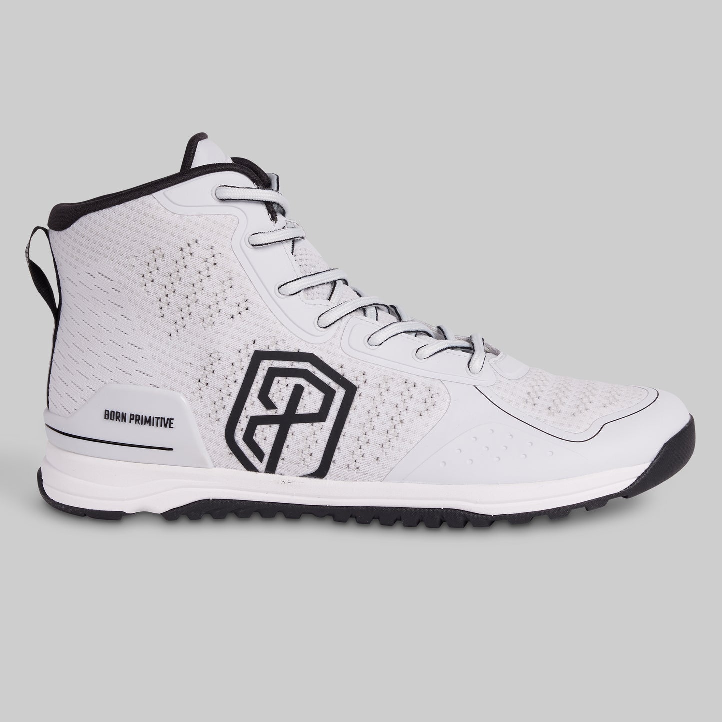 White high-top sneaker with black accents on a gray background