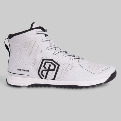 White high-top sneaker with black accents on a gray background
