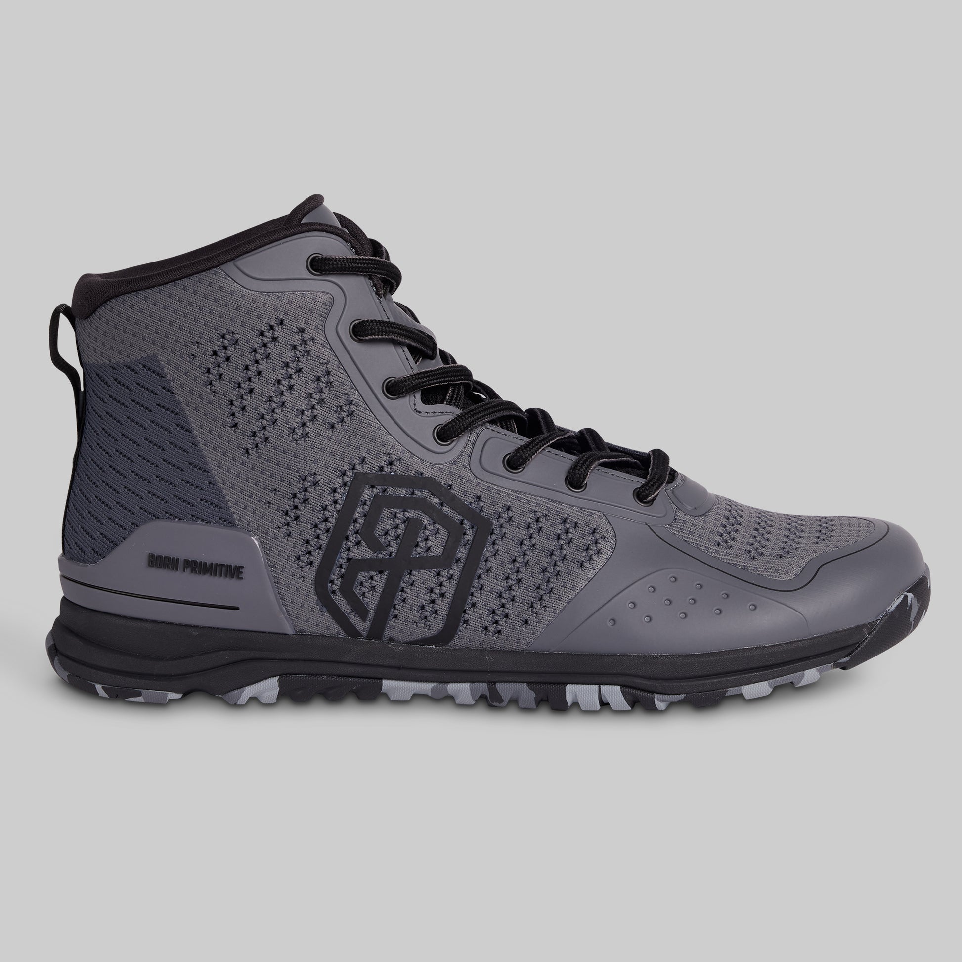 Gray high-top sneaker with black accents on a light gray background