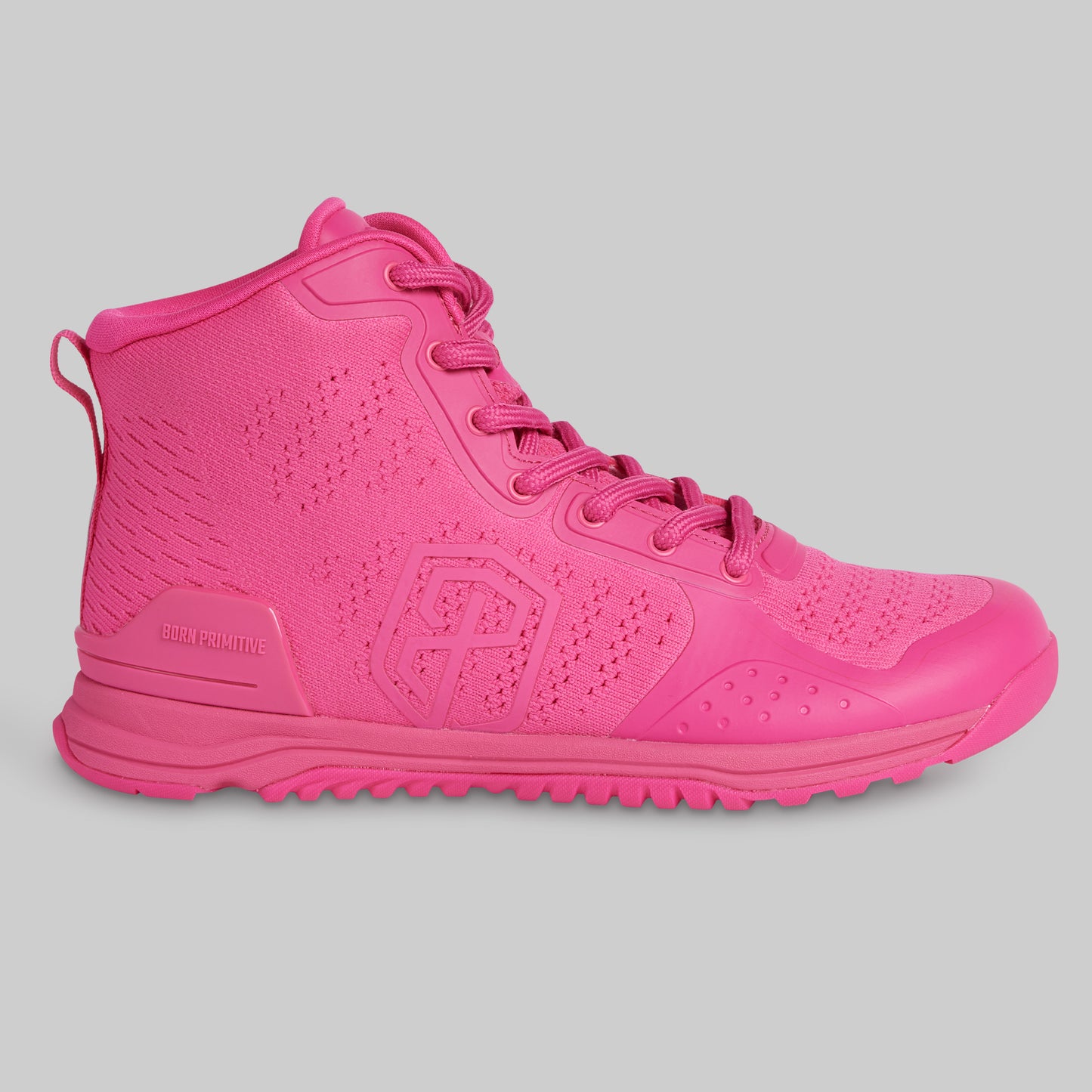 Pink high-top sneaker on a gray background
