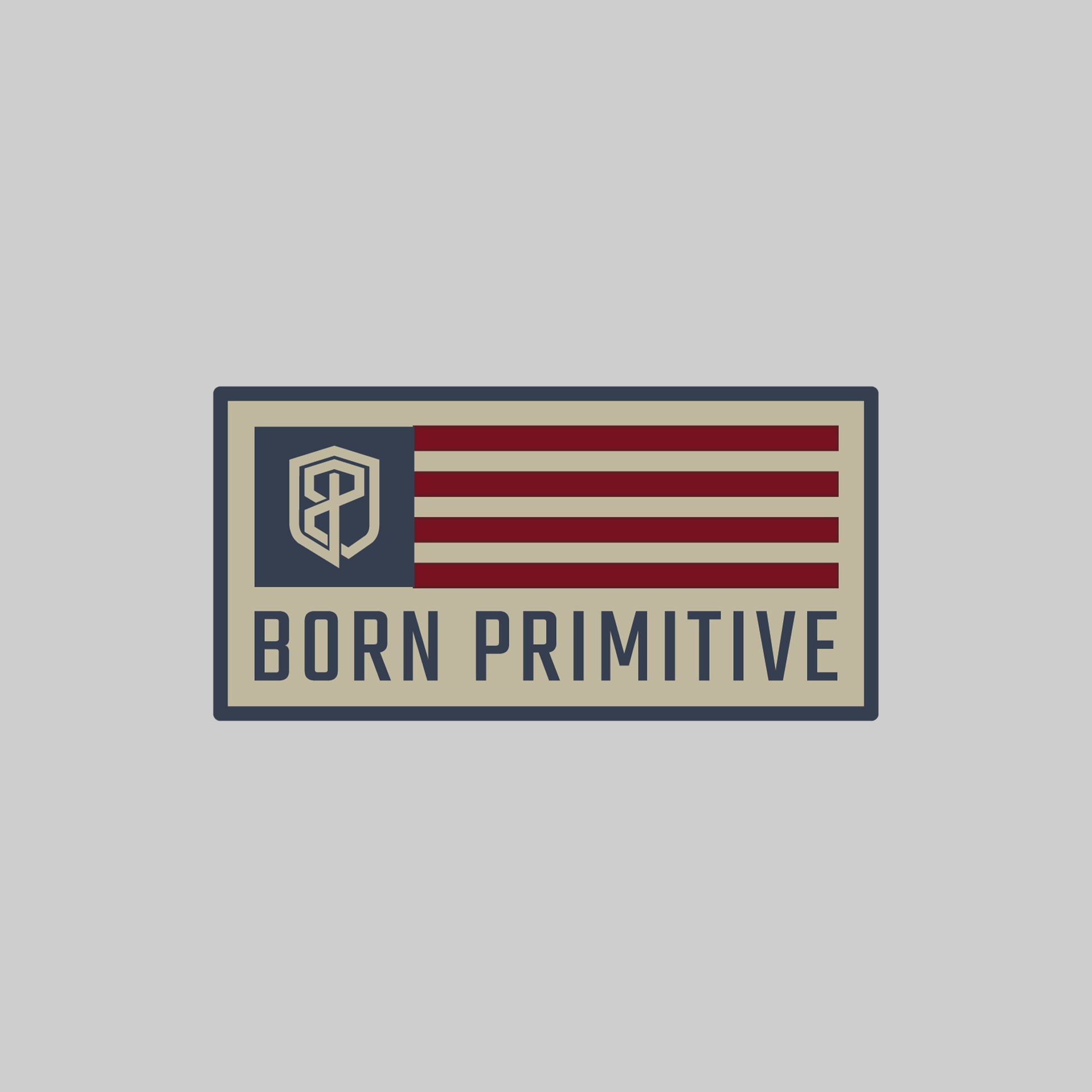 Flag design patch with 'Born Primitive' text and logo on a gray background