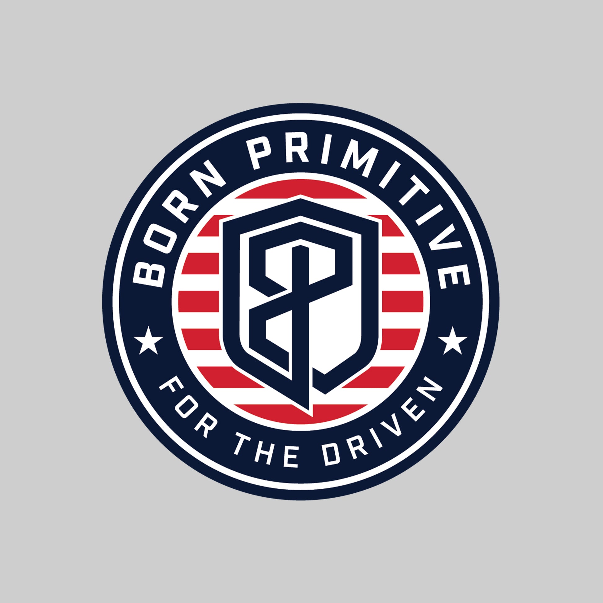 Logo with 'Born Primitive' text and shield design on a gray background