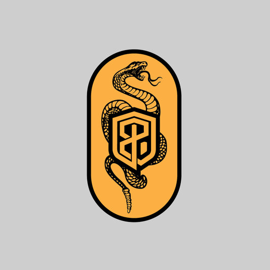 Logo with a snake design on a yellow background