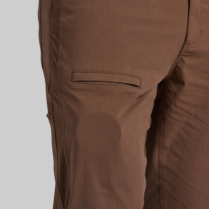 Close-up of brown pants showing a side pocket and fabric texture against a light gray background.