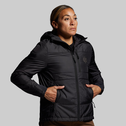 Person wearing a black puffer jacket on a gray background