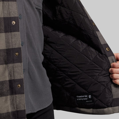 Person wearing a black quilted jacket with a textured shirt underneath, on a gray background.