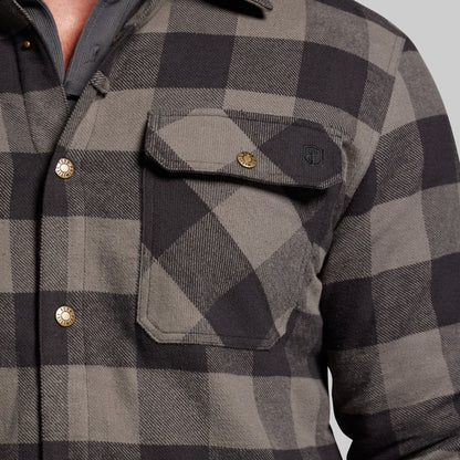 Close-up of a gray and black checkered jacket with button details.