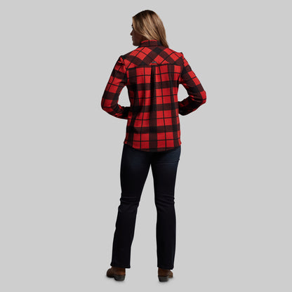 Person wearing a red and black plaid shirt on a gray background