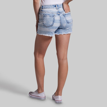 Person wearing light blue denim shorts on a plain background