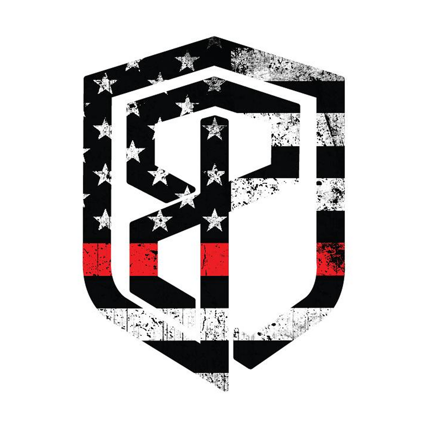 Shield-shaped logo decal with American flag design and star patterns on a white background