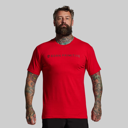 Man wearing a red t-shirt with a logo on a gray background