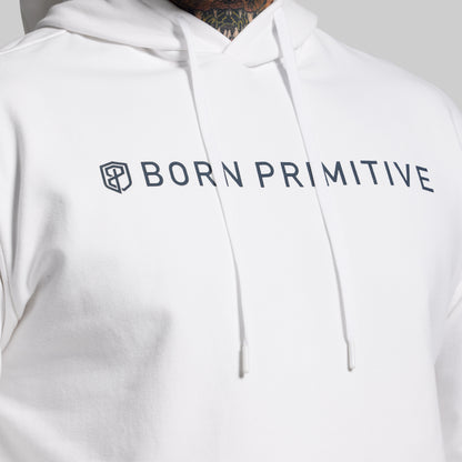 White hoodie with 'Born Primitive' logo on a plain background