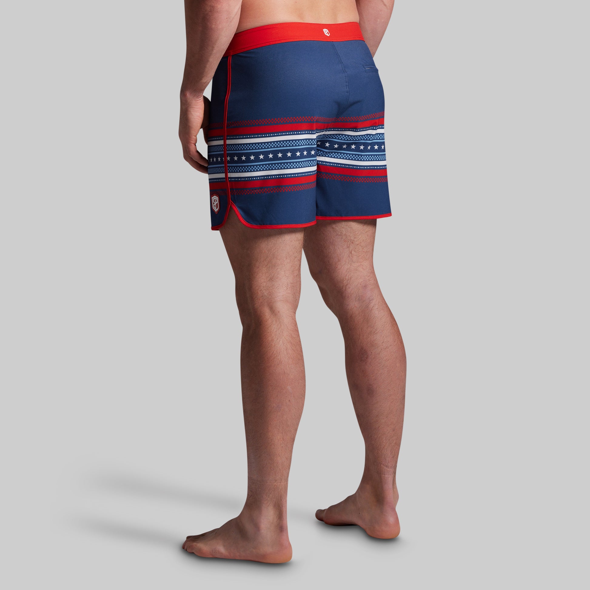 Blue shorts with American flag pattern.