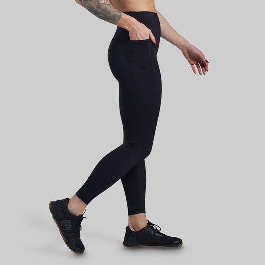 Person wearing black leggings on a gray background