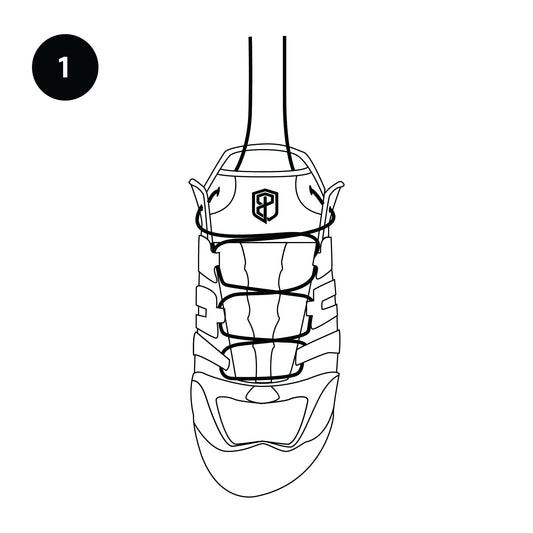 Black and white line drawing of a shoe showing proper lacing method.