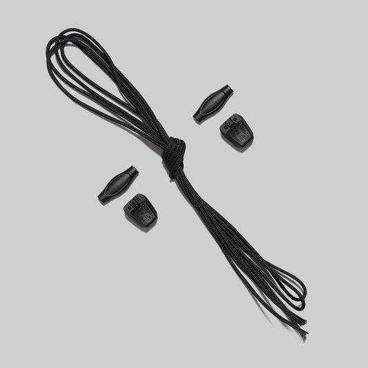 Black shoelaces, 2 lace keepers, and 2 rubber pull tabs on a plain background.