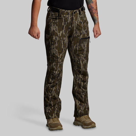 Camouflage pants worn by a person on a gray background