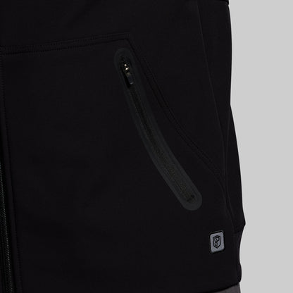 Close-up of a black jacket with a zipper pocket on a gray background