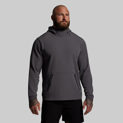Man wearing a gray hoodie