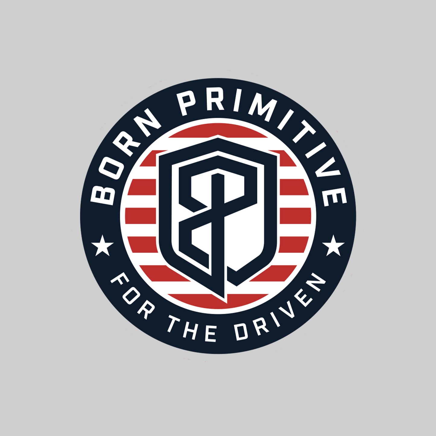 Sticker decal logo with 'Born Primitive' text and shield design on a gray background
