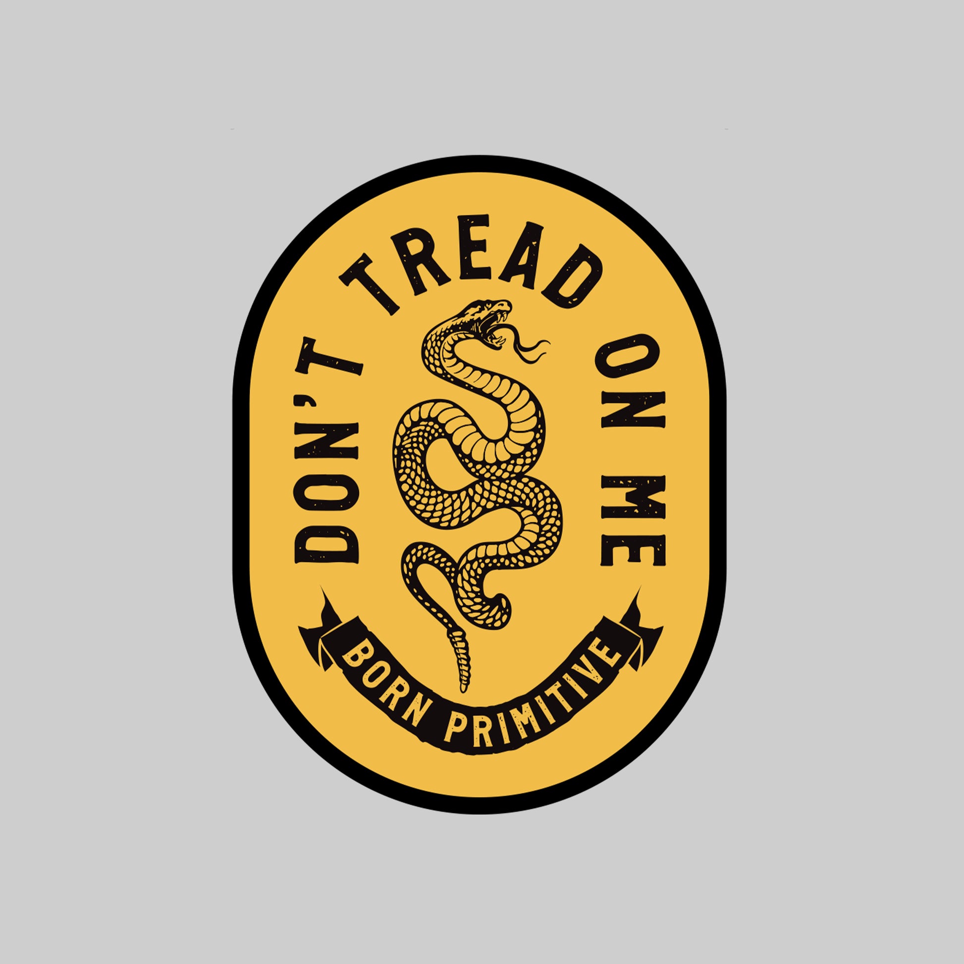 Yellow and black sticker with snake design and text 'Don't Tread on Me' on a gray background