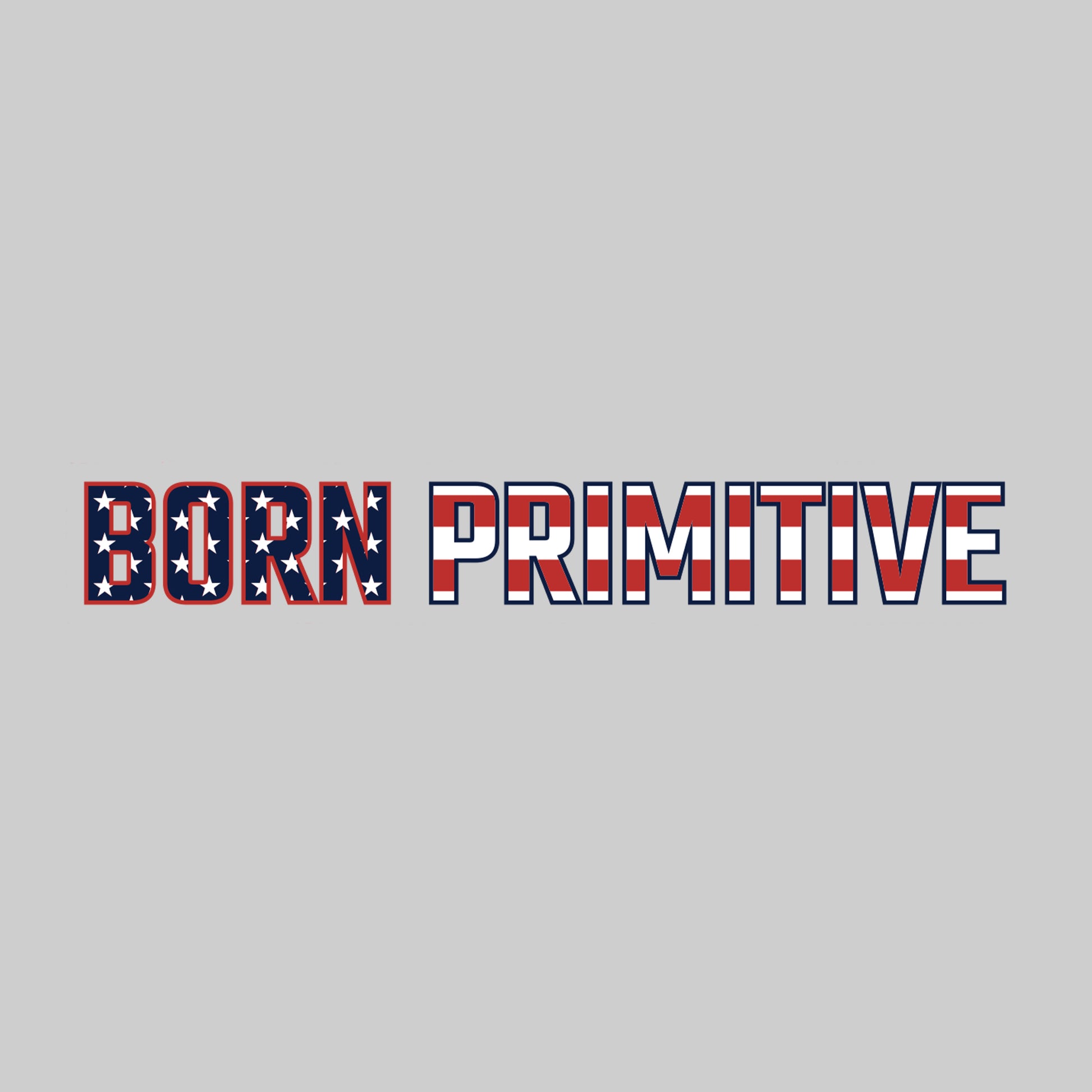 Sticker decal of 'BORN PRIMITIVE' with a flag design on a gray background