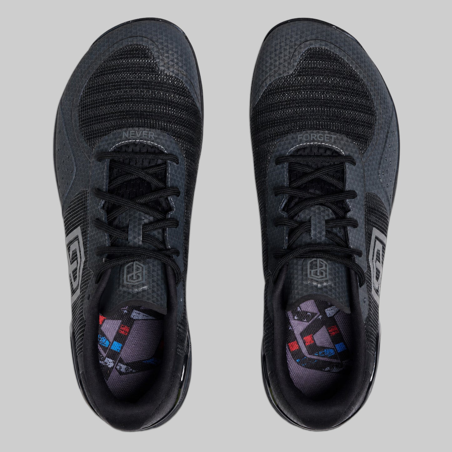 Top view of women's metal grey 9/11 Savage 1 training shoes with commemorative insoles