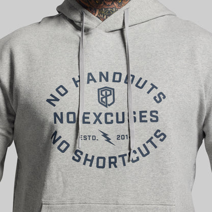 Gray hoodie with motivational text and logo on a plain background
