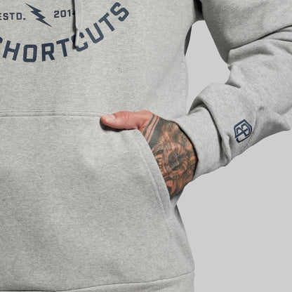 Close-up of gray hoodie with hand in pocket and tattooed arm on a light gray background