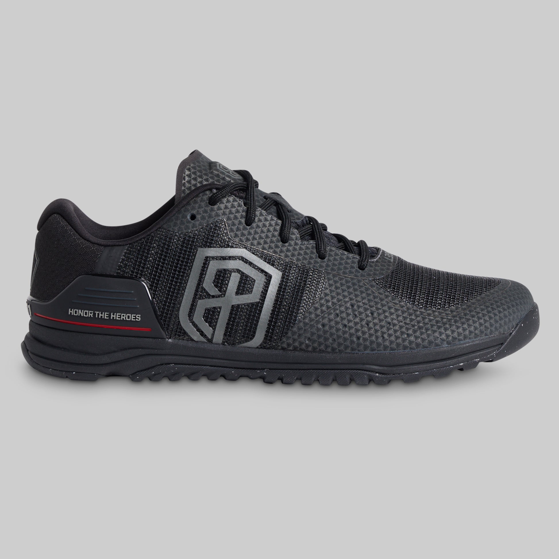 Men's metal grey 9/11 Savage 1 training shoe, outer side with Honor the Heroes detail