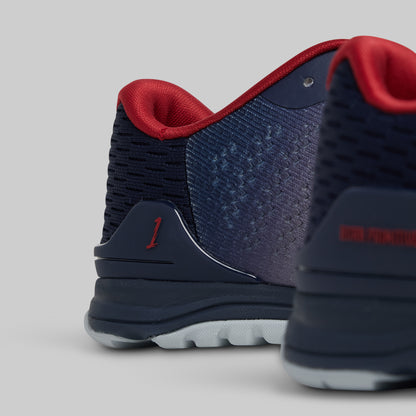 Navy and red athletic shoes on a light gray background
