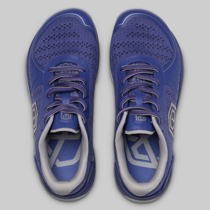 Pair of blue athletic shoes on a light gray background