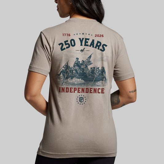 Person wearing a t-shirt celebrating 250 years of independence with a graphic design on the back.
