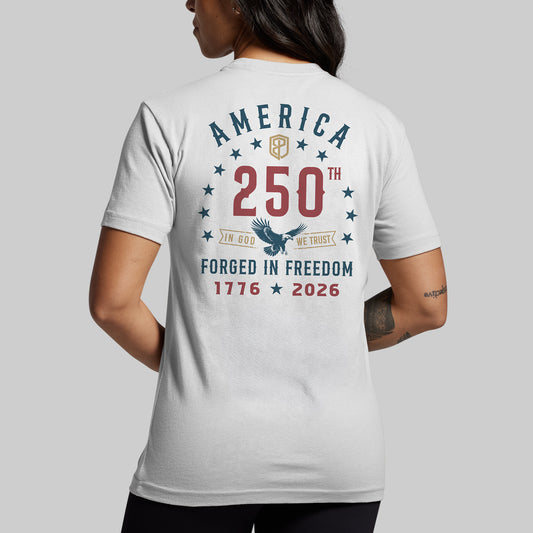 Person wearing a white t-shirt with 'America 250th' design on the back, celebrating the bicentennial.