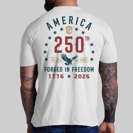 White t-shirt with 'America 250th' design on the back, featuring stars and an eagle emblem.