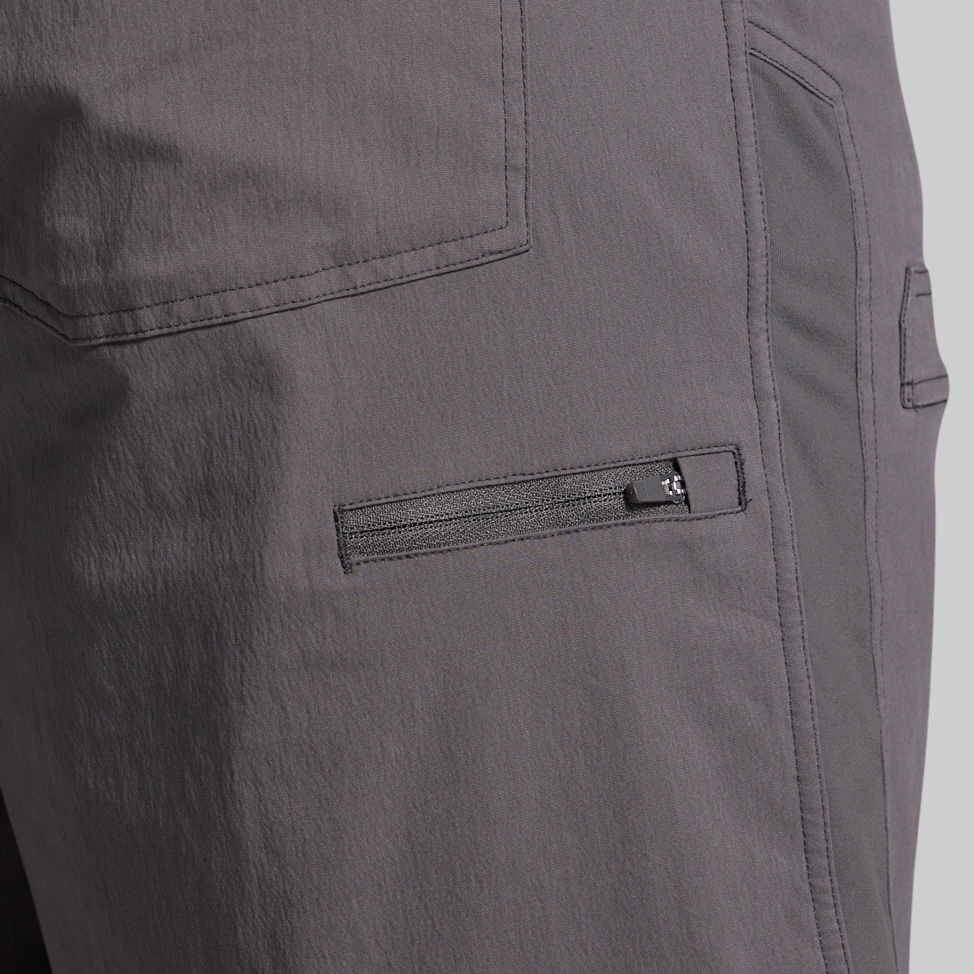 Close-up of gray shorts with a zipper pocket on a plain background