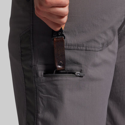 Close-up of a person wearing gray shorts pulling a keychain out of a zipper pocket.