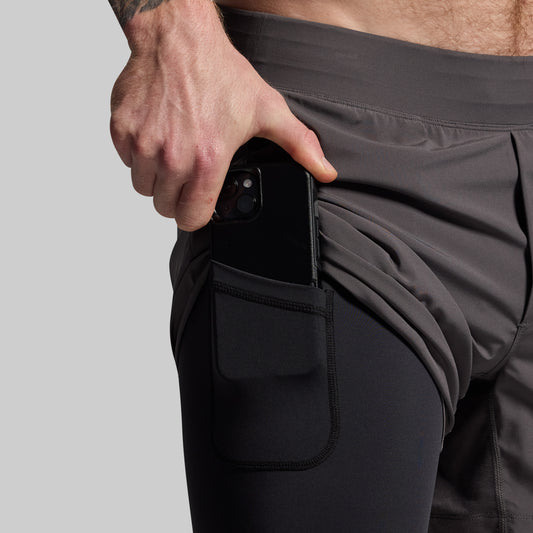 A person wearing gray athletic shorts with a compression section on the left thigh and a mobile phone in their hand.