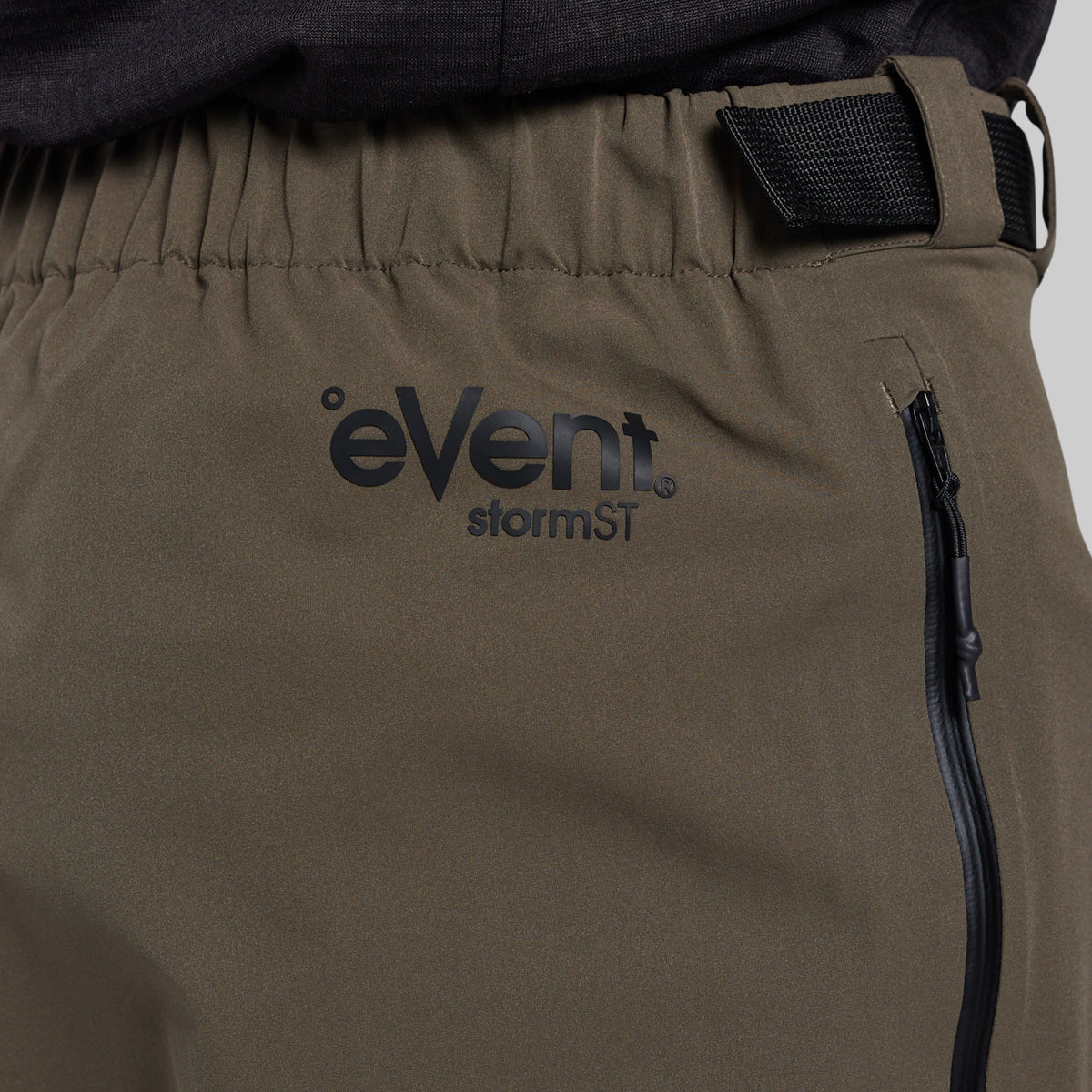 Elastic waist and eVent® stormST detail on Ranger Green Mission FLEX Rain Pant 2.0