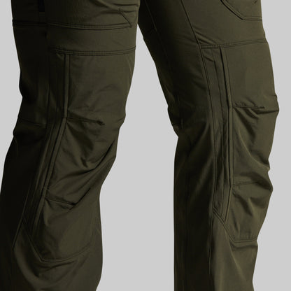 Close-up of olive green cargo pants showing the thigh area with multiple utility pockets on a light gray background.